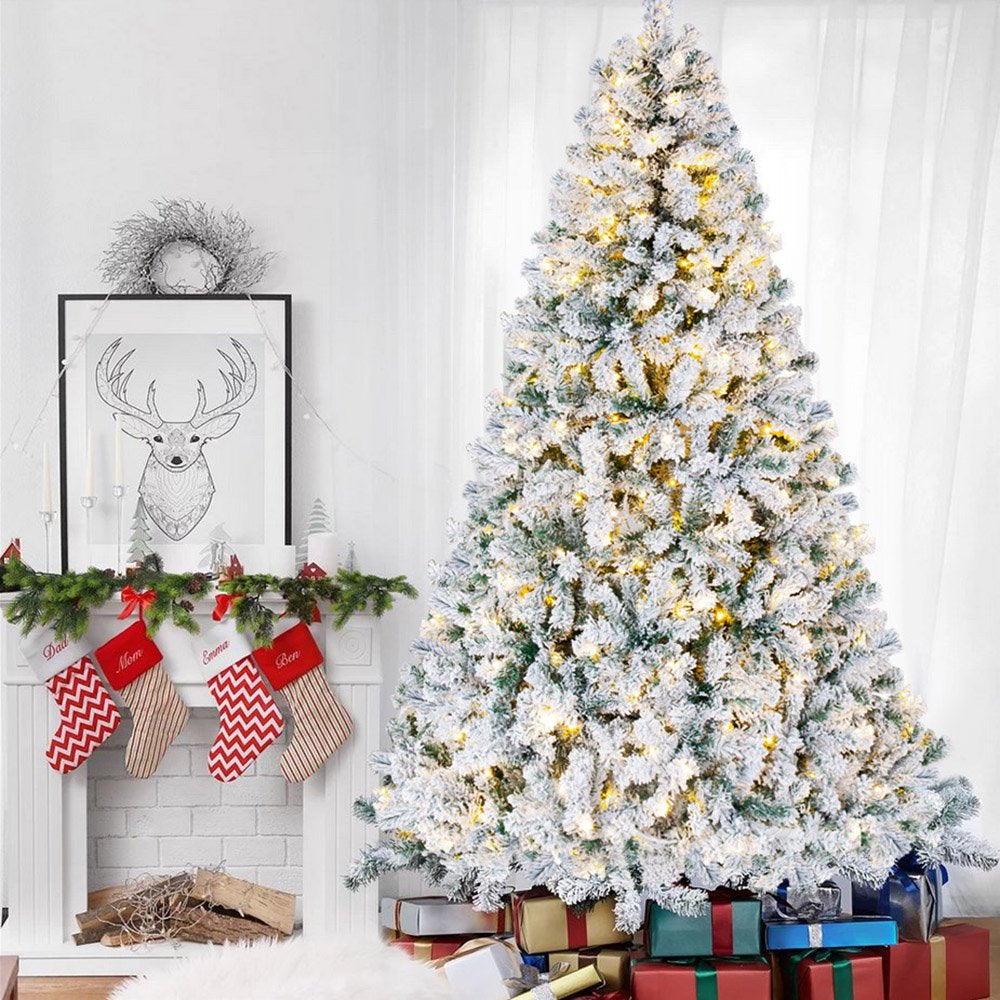 iFanze 6ft Pre Lit Snow Flocked Christmas Tree with 1000 Tips 250 Warm Lights, Hinged Artificial Holiday Xmas Pine Tree