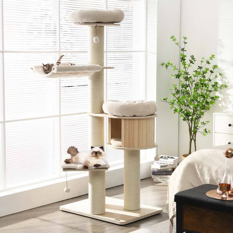 69" Tall Cat Tree, Multi Level Wooden Cat Tower Condo with Sisal Posts, Modern Big Cat Activity Tree