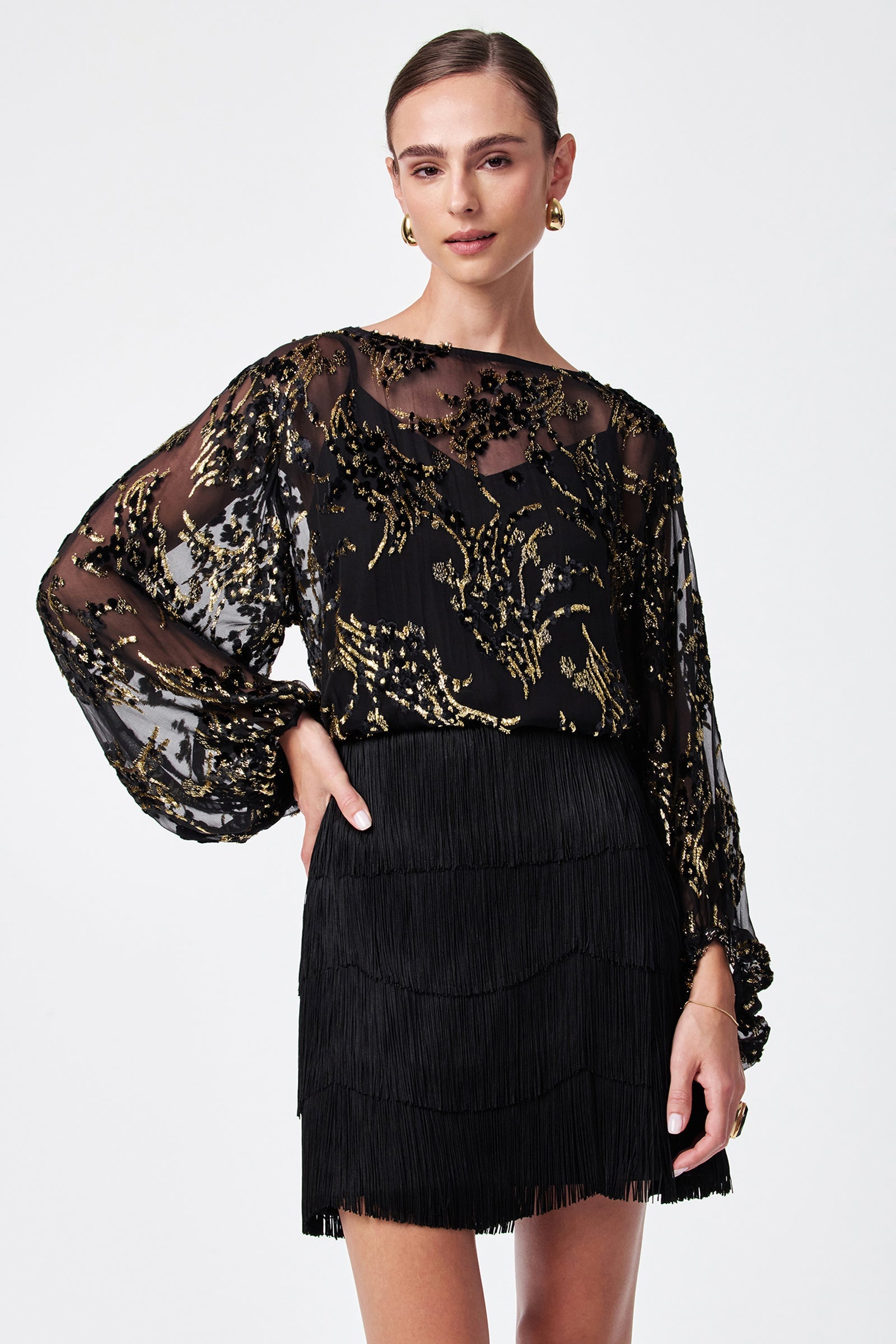 Ursa Metallic Burnout Balloon Sleeve Top